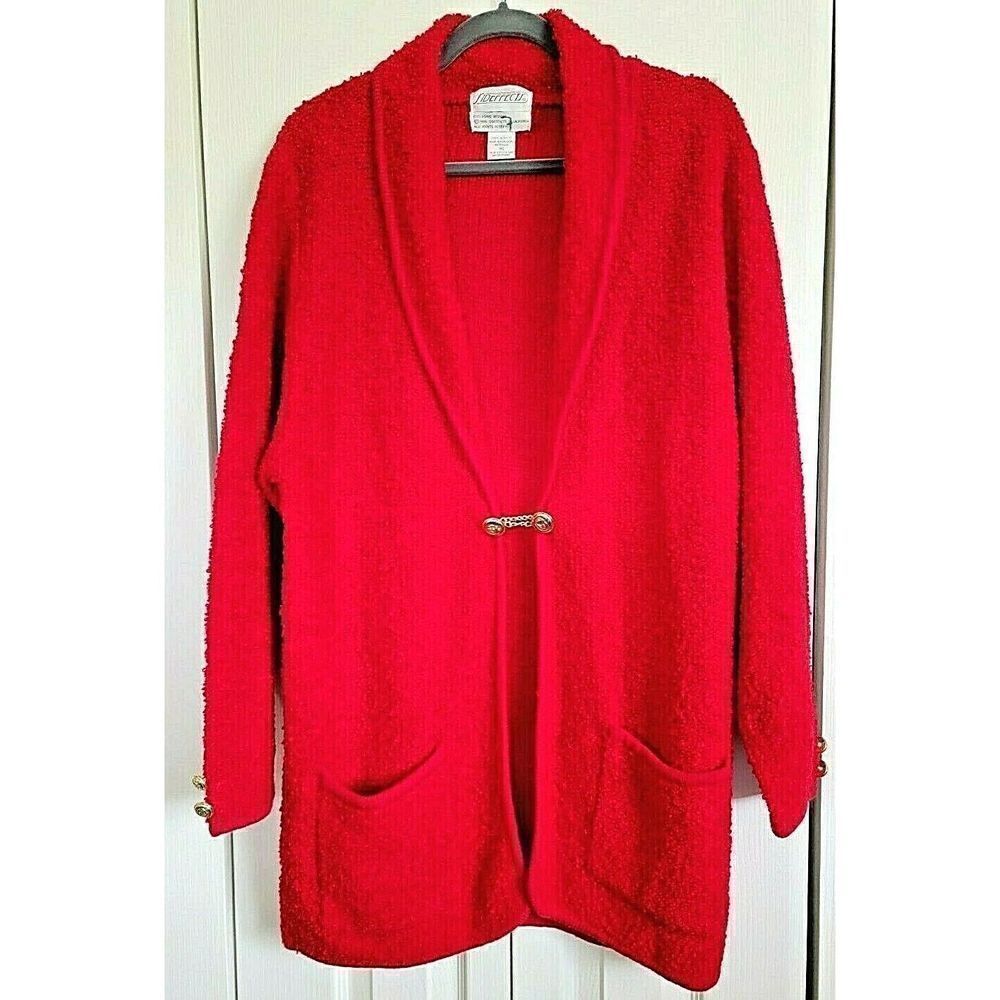Side Effects Bright Red M Long Sleeve Vintage Acrylic Cardigan Sweater Sz Medium